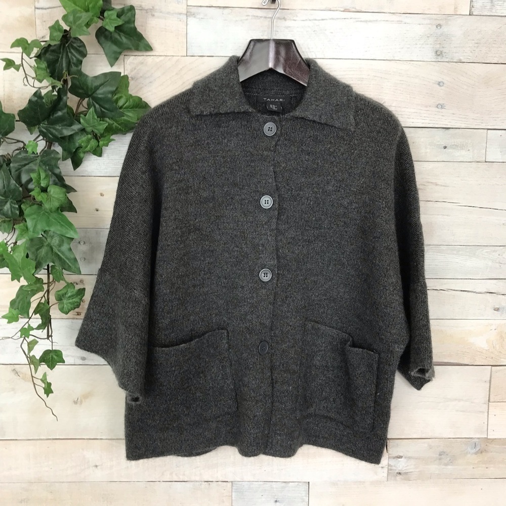 Tahari gray wool blend button 3/4 Sweater XS